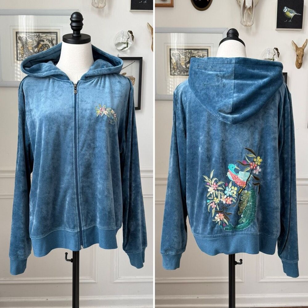 BCBG MAXAZRIA Peacock Floral Embroidered Embellished Teal Full Zip Hoodie 2X